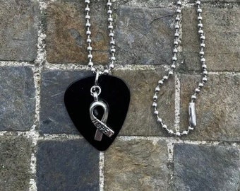 Hope Ribbon Guitar Pick Necklace,  Melanoma, Mourning. Black with Hope Ribbon Charm.