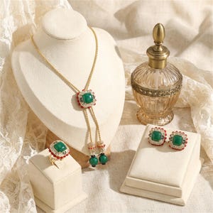 Vintage Gold Grün Rot Statement Schmuck Set Halskette Ring Ohrringe, Barock Smaragd Rubin Stil Braut Hochzeit Geschenk für Sie
