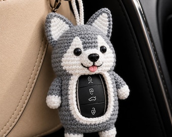 Funda de ganchillo para llave de coche con diseño de husky, llavero de perro hecho a mano, regalo para husky siberiano