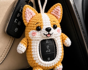 Funda para llave de coche de Corgi de ganchillo, soporte para llavero de perro hecho a mano, funda para llave de coche de amigurumi