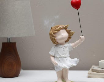 Girl Holding Heart Balloon Sculpture: Street Art Inspired Resin Ornament
