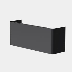 May include: A matte black metal wall-mounted shelf featuring a rectangular front panel with rounded corners on the right side and a flat top edge. The structure is open at the back and left side, providing a clean, industrial aesthetic for storage.