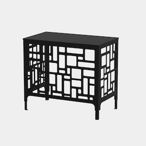 May include: A black, rectangular side table with a geometric cut-out design. The table has a flat top and four short legs. The cut-out pattern consists of various rectangular and square shapes, creating an open, airy aesthetic. The table is made of metal.
