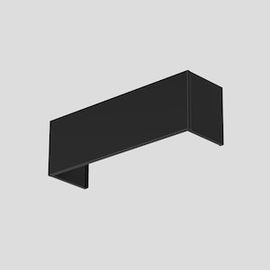 May include: A matte black rectangular wall light fitting with a clean, geometric design. The fitting features a solid, opaque front panel and two side panels, creating a simple, box-like structure that directs light downwards from its open bottom.