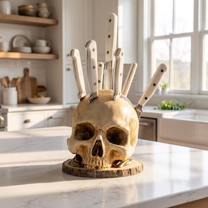 Skull Knife Block Holder Macabre Culinary Decor and Gothic Storage Stand