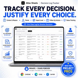 Puede incluir: Una pantalla de portátil muestra un rastreador de registro de decisiones con el texto "TRACK EVERY DECISION. JUSTIFY EVERY CHOICE." La pantalla muestra una hoja de cálculo con columnas para el contexto, el propietario, el nivel de impacto y las acciones de seguimiento.