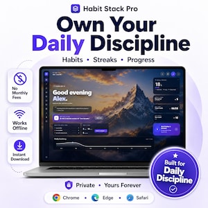 Habit Stack Pro Offline Habit Tracker App, Daily Routine Planner, Streak Dashboard, Digital HTML Productivity Tool