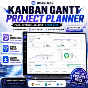 May include: A digital project management tool titled Atlas Deck Kanban Gantt Project Planner displayed on a laptop screen. The interface shows a dashboard with progress charts, task status, and timelines. Includes icons for Chrome, Edge, and Safari.