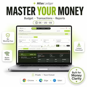 Puede incluir: Un ordenador portátil que muestra la interfaz del software financiero Atlas Ledger con el texto MASTER YOUR MONEY, Budget, Transactions, Reports, DE, US, ES, No Monthly Fees, Works Offline, Instant Download, Built for Money Clarity, Chrome, Edge, Safari.