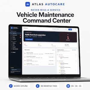 May include: A laptop screen displaying the Atlas Autocare Vehicle Maintenance Command Center dashboard. The interface features a dark sidebar, an urgent repair alert for a rattle, maintenance action items, and a cost summary of €1,378.