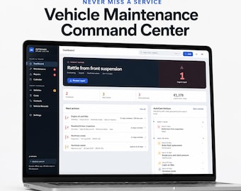 Puede incluir: Una pantalla de portátil que muestra el panel de control Atlas Autocare Vehicle Maintenance Command Center. La interfaz incluye una barra lateral oscura, una alerta de reparación urgente, tareas de mantenimiento y un coste de 1.378 €.