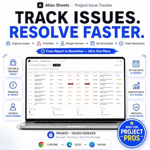 May include: A laptop screen displays a project issue tracker with the text "TRACK ISSUES. RESOLVE FASTER." The image highlights features like capturing issues, prioritizing, assigning owners, setting due dates, and tracking resolution. The software is built for project pros.