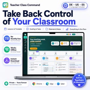May include: A digital classroom management dashboard displayed on a laptop screen. The interface features sections for lessons, grading, tasks, and notes. Text includes Teacher Class Command, Take Back Control of Your Classroom, and various organizational labels for a teaching week.