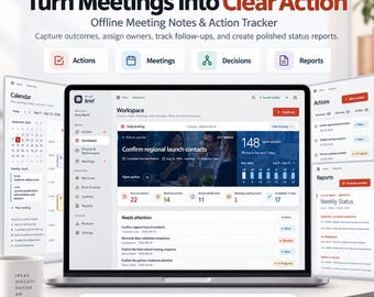 Meeting Notes & Action Tracker App | Offline Meeting Manager, Minutes, Decisions, Risks and Reports | Digital HTML Download