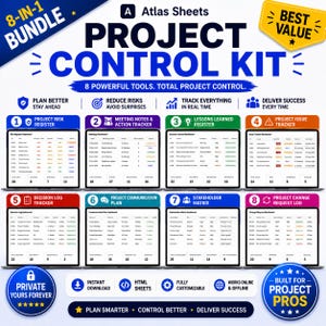 May include: An 8-in-1 Project Control Kit with eight tools, including a risk register, meeting notes tracker, and lessons learned register. The image features a blue, white, and gold colour scheme, with the text "Project Control Kit" prominently displayed.