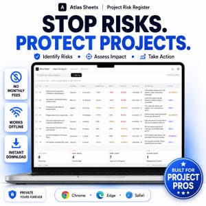 May include: A silver laptop displays a project risk register with the text "STOP RISKS. PROTECT PROJECTS." The screen shows a table with data, and icons indicate no monthly fees, offline work, and instant download. The bottom right corner has a blue badge that says "BUILT FOR PROJECT PROS."