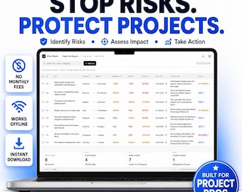 Project Risk Register, Offline Management Tracker, Excel PDF Export (Dark Mode)