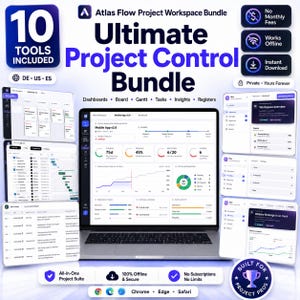 May include: The Atlas Flow Project Workspace Bundle features a digital project management suite with 10 tools including dashboards, boards, Gantt charts, tasks, insights, and registers. It is compatible with Chrome, Edge, and Safari browsers.