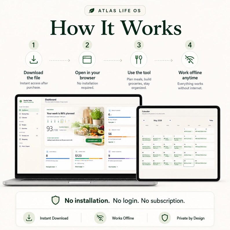 Family Meal Planner HTML App | Weekly Dinner Planner, Recipe Library, Auto Grocery List, Offline Digital Family Organizer
