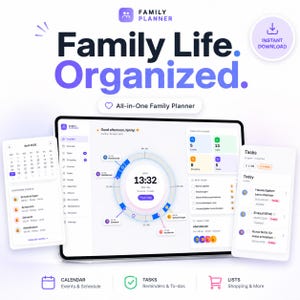 Family Planner Dashboard – All-in-One Household Organizer (13 Modules) | Offline HTML App | Calendar, Tasks, Finance, Meals