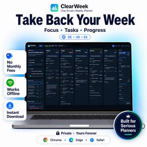Peut inclure: Un écran d'ordinateur portable affichant l'interface du planificateur hebdomadaire ClearWeek avec un thème sombre. Le tableau de bord présente des colonnes pour les jours de la semaine, les tâches et le suivi des progrès. Le texte inclut Take Back Your Week, Focus, Tasks, Progress, No Monthly Fees, Works Offline, Instant Download, Built for Serious Planners, Private, Yours Forever, et des icônes de navigateur pour Chrome, Edge et Safari.