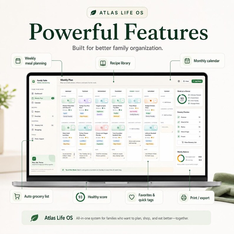 Family Meal Planner HTML App | Weekly Dinner Planner, Recipe Library, Auto Grocery List, Offline Digital Family Organizer