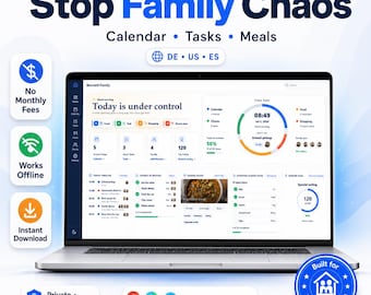 Puede incluir: Una pantalla de portátil muestra el panel de control de Homebase Family Organizer con secciones para calendario, tareas y comidas. El texto incluye Stop Family Chaos, No Monthly Fees, Works Offline, Instant Download, Private, Yours Forever.