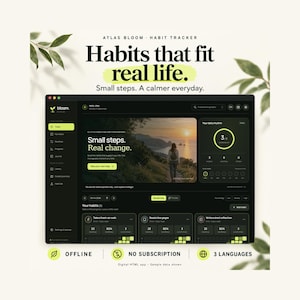 May include: A digital habit tracker app interface titled Atlas Bloom displayed on a screen. The dark-themed dashboard features lime green accents, progress circles, and text including Habits that fit real life and Small steps. Real change.