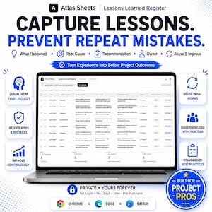 May include: A laptop screen displays a "Lessons Learned Register" with the text "Capture Lessons. Prevent Repeat Mistakes." The image includes icons and text such as "Learn From Every Project" and "Reduce Risks & Mistakes."