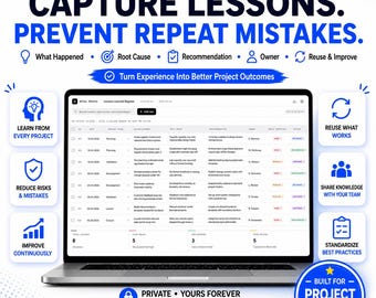 Lessons Learned Register, Project Review Template, Continuous Improvement Tracker, Excel PDF Export, Dark Mode