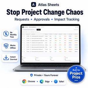 May include: A laptop displaying a spreadsheet with the text "Stop Project Change Chaos." The image includes icons for "No Monthly Fees," "Works Offline," and "Instant Download." The software is "Built for Project Pros."