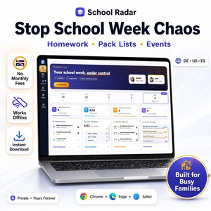 May include: A laptop displaying the School Radar dashboard interface with the text Stop School Week Chaos, Homework, Pack Lists, Events, and Built for Busy Families. The screen shows a weekly planner, task lists, and progress trackers.