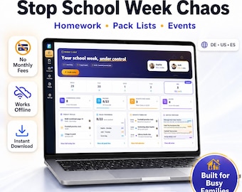 School Week Organizer App, Family Homework Planner, Pack Lists, Events (Digital Download)