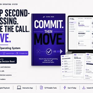 May include: A Decision Operating System product set featuring a purple book titled Commit. Then Move., a laptop displaying an interactive app interface, and four white printable tool sheets with black text. The layout includes text headers and icons.