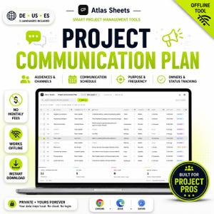 May include: A digital project communication plan template displayed on a laptop screen. The interface features columns for audiences, channels, schedules, and status tracking. Text includes Atlas Sheets, Project Communication Plan, and icons for browser compatibility.