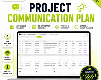 Project Communication Plan, Communication Tracker, Stakeholder Update Schedule, Excel PDF Export, Dark Mode