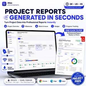 Könnte beinhalten: Ein Laptop-Bildschirm mit der Atlas Status Reports Software-Oberfläche für Projektmanagement, die Vorlagen und einen generierten PDF-Bericht mit Diagrammen, Fortschrittsverfolgung und Projektdaten für ein Website-Redesign zeigt.