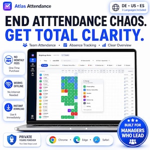 May include: A digital attendance tracking software interface displayed on a laptop screen. The dashboard features a calendar grid with color-coded employee status indicators, including present, remote, vacation, sick, and business trip categories.