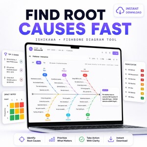 May include: A laptop displays an Ishikawa fishbone diagram, a tool for root cause analysis. The screen shows a detailed diagram with interconnected branches and text, along with supporting data and charts. The image also includes the text "FIND ROOT CAUSES FAST".