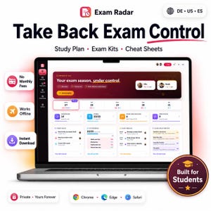 May include: A laptop screen displaying the Exam Radar dashboard interface with a dark red and white color scheme. The screen shows a study plan, exam kits, and cheat sheets with text including Take Back Exam Control, No Monthly Fees, and Built for Students.