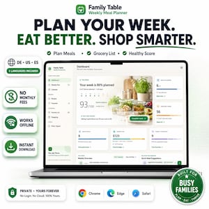 Family Meal Planner HTML App | Weekly Dinner Planner, Recipe Library, Auto Grocery List, Offline Digital Family Organizer