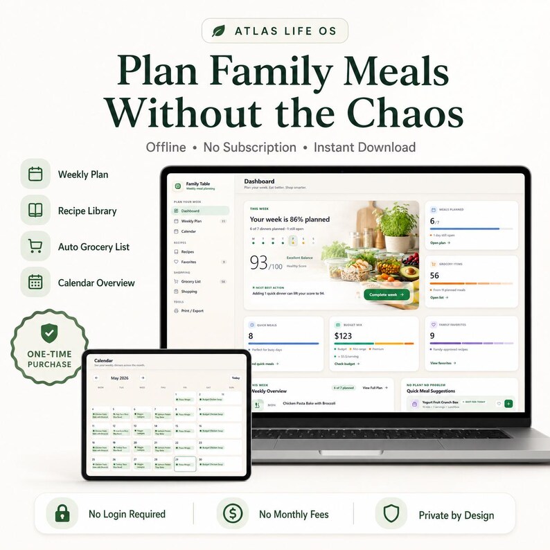 Family Meal Planner HTML App | Weekly Dinner Planner, Recipe Library, Auto Grocery List, Offline Digital Family Organizer