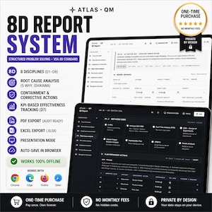 May include: A digital display of the "8D Report System" software, featuring structured problem-solving and VDA 8D standard. The interface includes sections for 8 disciplines, root cause analysis, and KPI tracking. The software offers PDF and Excel export options, presentation mode, and offline functionality.