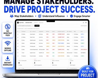 Stakeholder Matrix, Stakeholder Register, Influence Interest Tracker, Excel PDF Export, Dark Mode