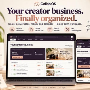 May include: A laptop and smartphone displaying the Collab OS interface, featuring a dashboard with financial data, task lists, and project management tools. The screen shows text including Your next move. Clear. and various icons for organisation.