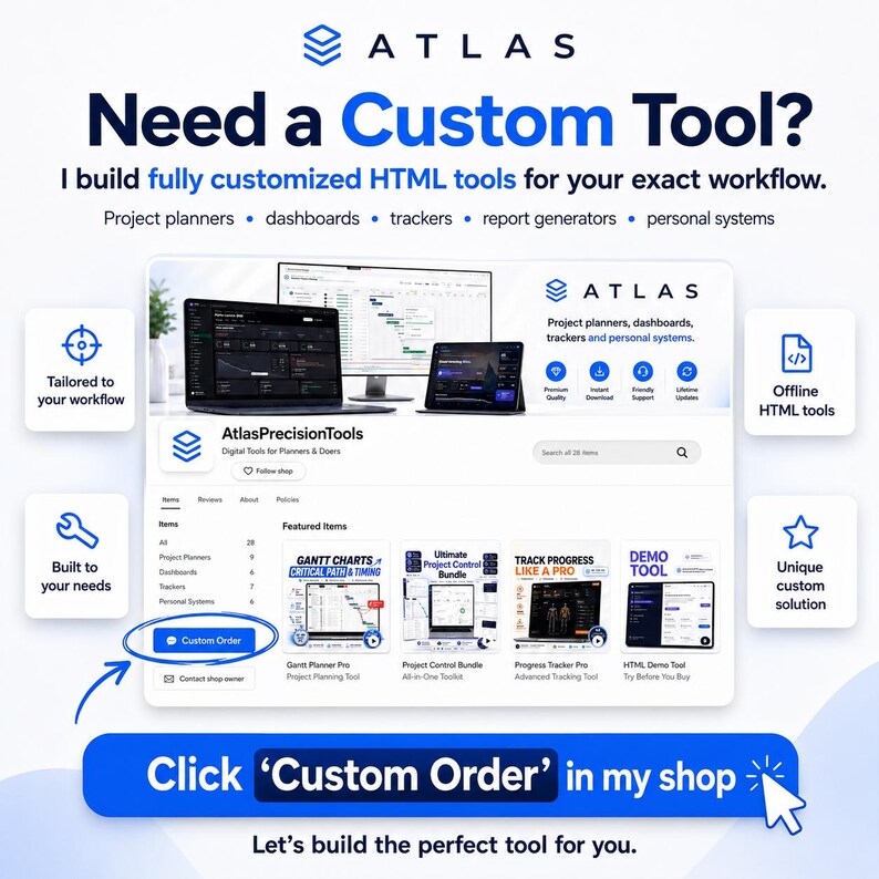 Puede incluir: Un anuncio digital para Atlas, un servicio que ofrece herramientas HTML personalizadas. El gr&aacute;fico muestra una interfaz de tienda con planificadores de proyectos, paneles y rastreadores, con un bot&oacute;n azul destacado etiquetado como Custom Order.