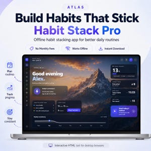 Habit Stack Pro Offline Vanespårningsapp, Daglig Rutinplanerare, Streak Dashboard, Digitalt HTML Produktivitetsverktyg
