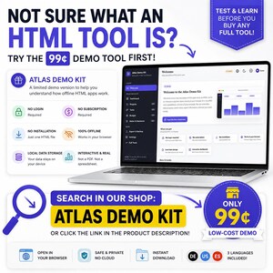 Puede incluir: Un port&aacute;til que muestra la interfaz del kit de demostraci&oacute;n Atlas, con el texto: NOT SURE WHAT AN HTML TOOL IS? TRY THE 99&cent; DEMO TOOL FIRST! El gr&aacute;fico incluye iconos para sin inicio de sesi&oacute;n, sin suscripci&oacute;n y almacenamiento local.