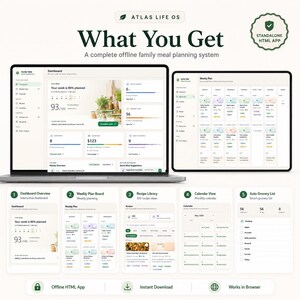 Family Meal Planner HTML App | Weekly Dinner Planner, Recipe Library, Auto Grocery List, Offline Digital Family Organizer