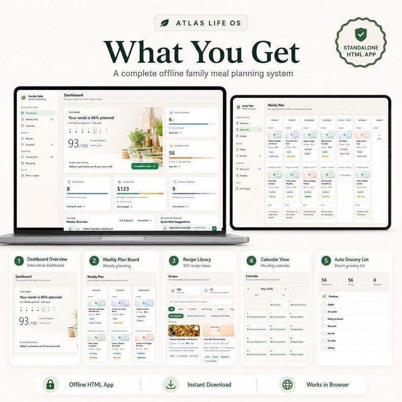 Family Meal Planner HTML App | Weekly Dinner Planner, Recipe Library, Auto Grocery List, Offline Digital Family Organizer